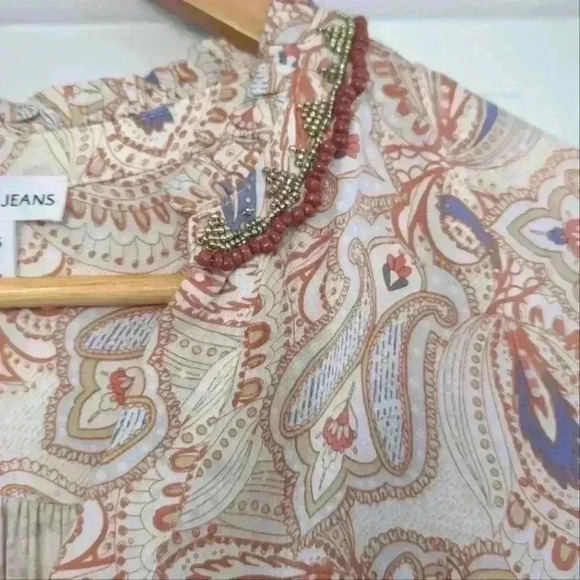 🌴2/$25🌴TRIBAL JEANS | Women's Cream/Tan/Blue V-Neck Boho Jeweled  Top - Picture 3 of 5